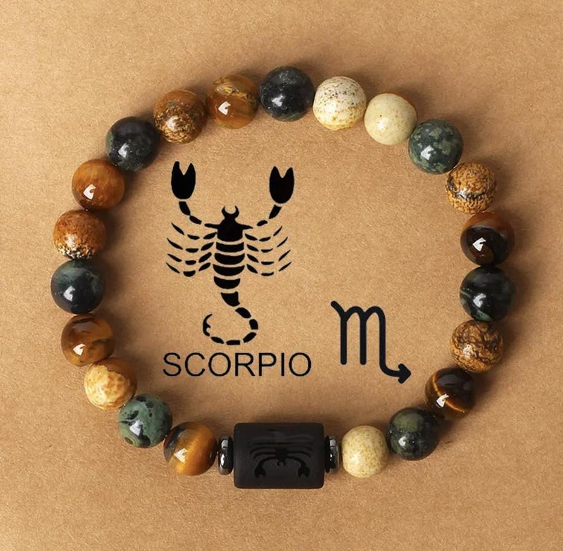 Zodiac Sign Bracelet with Pictures and Beads: Aries, Taurus, Aquarius, Tiger's Eye.